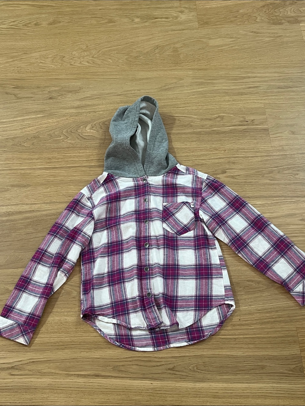 Roxy Pink & Gray Plaid Hooded Button-Down Shirt